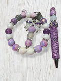 Blessed Bead worx lavender and purple beaded pen and matching keychain set with crystal bow charm and rhinestones