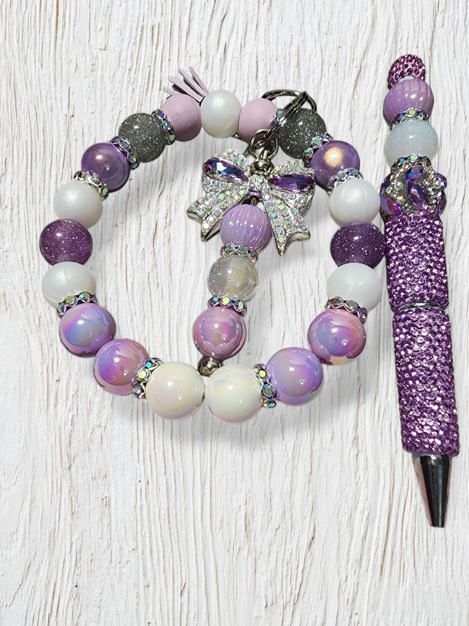 Blessed Bead worx lavender and purple beaded pen and matching keychain set with crystal bow charm and rhinestones