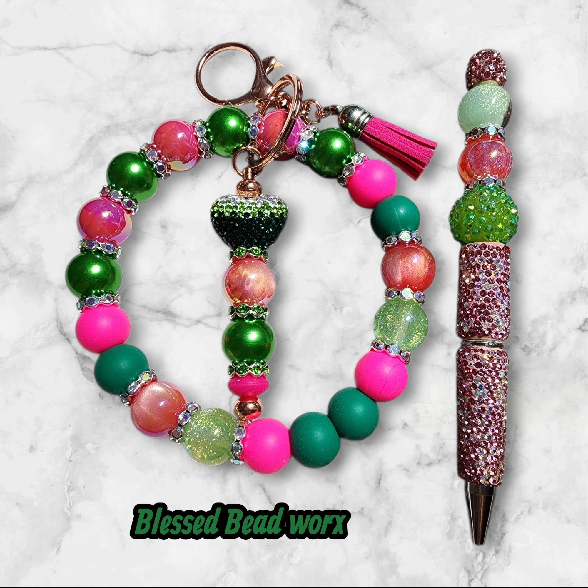 Bright pink and green heart - Blessed Bead worx